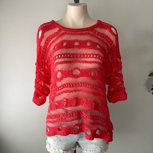 Bellissima Crochet Open Knit Sweater Pullover Top Hot Coral Pink Size Large XL